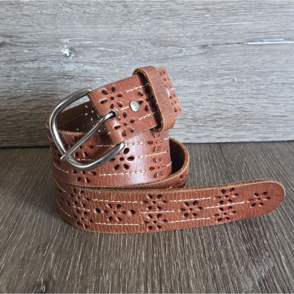 Brown Leather Belt with Floral Cutouts Medium